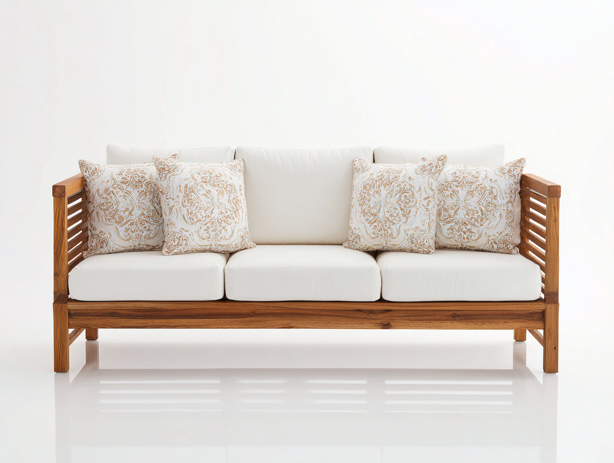 Sofás de exterior de madera natural y cojines blancos 210x78x75 cm - diseño clásico para terraza