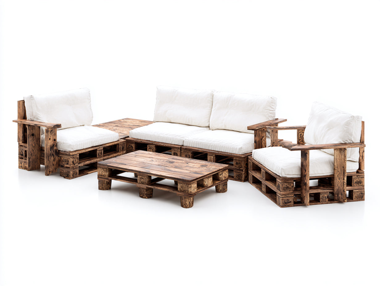 Sofás de exterior de madera y tela 260x210x78 cm - Marrón-Blanco - Diseño rústico con mesa de centro
