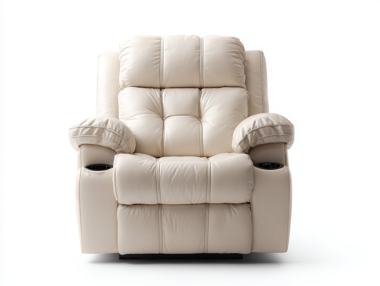Sillones reclinables de piel sintética 96x94x104 cm - crema - con portavasos y diseño acolchado moderno