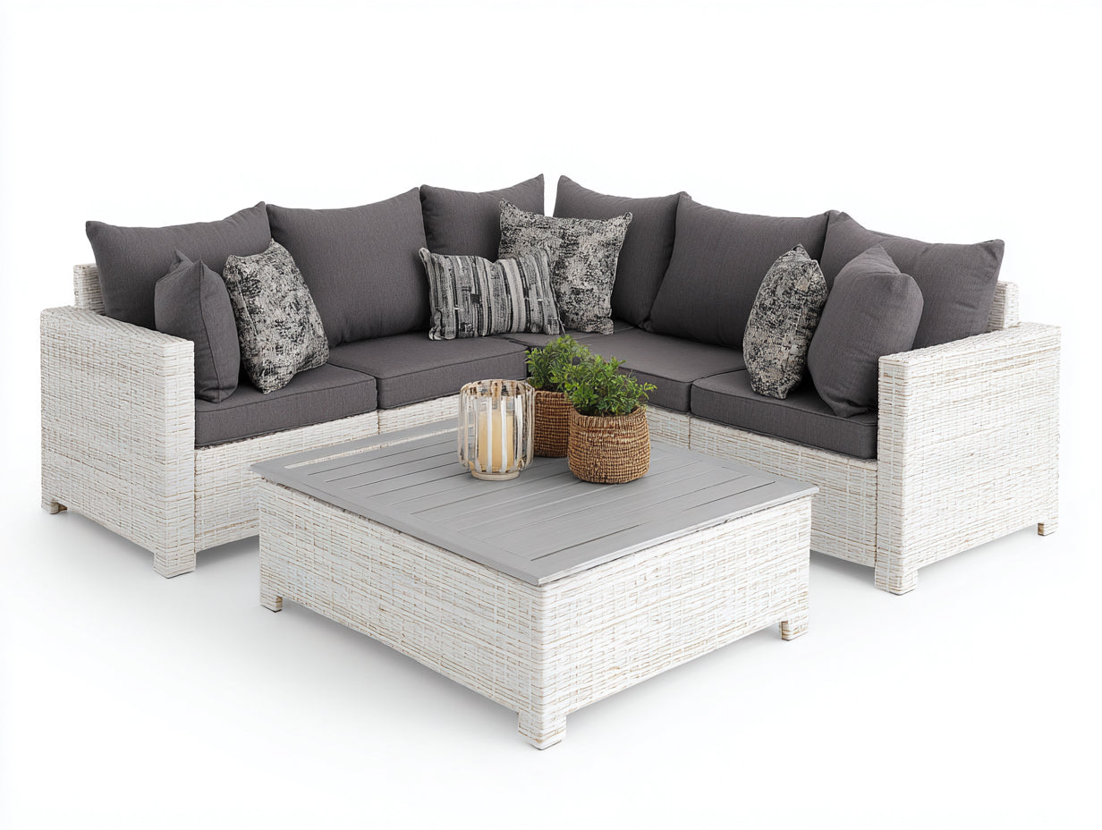 Sofás de exterior de ratán y tela 245x245x72 cm - blanco-gris - diseño esquinero moderno con mesa