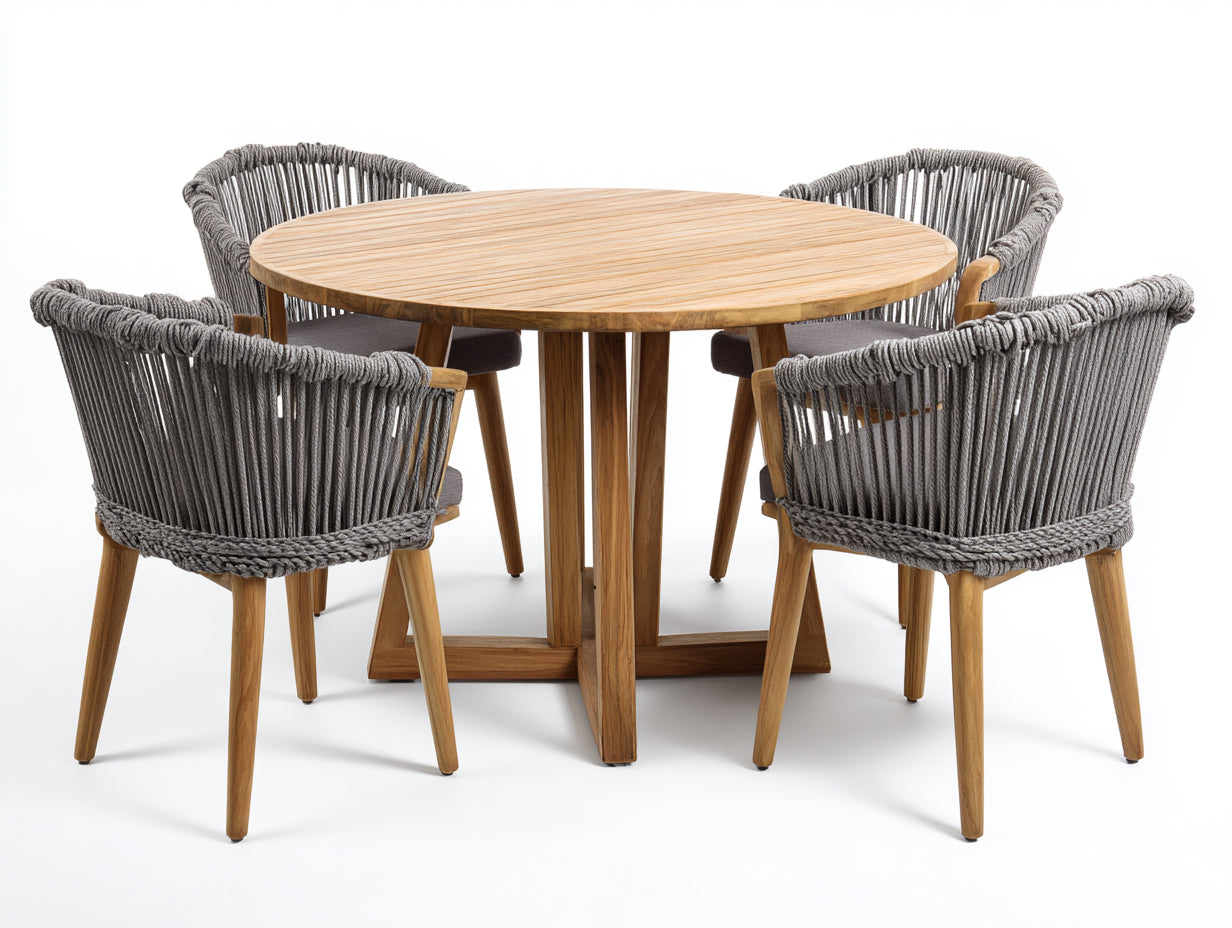 Conjuntos de comedor de jardín de madera y cuerda trenzada 120x120x75 cm - Roble-Gris - Diseño redondo para exterior