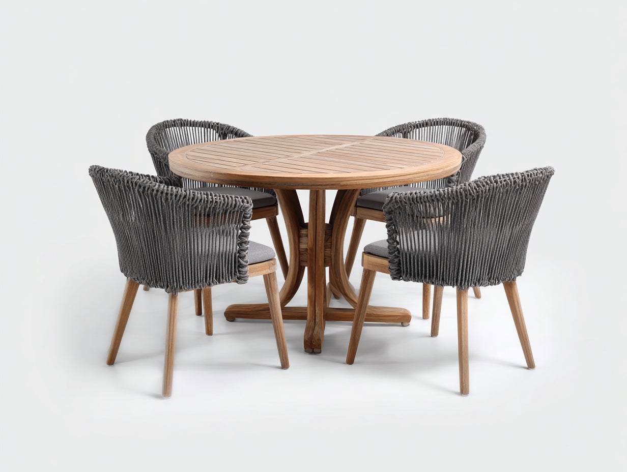 Conjuntos de comedor de jardín de madera natural y cuerda gris 120x120x75 cm - diseño moderno para exterior